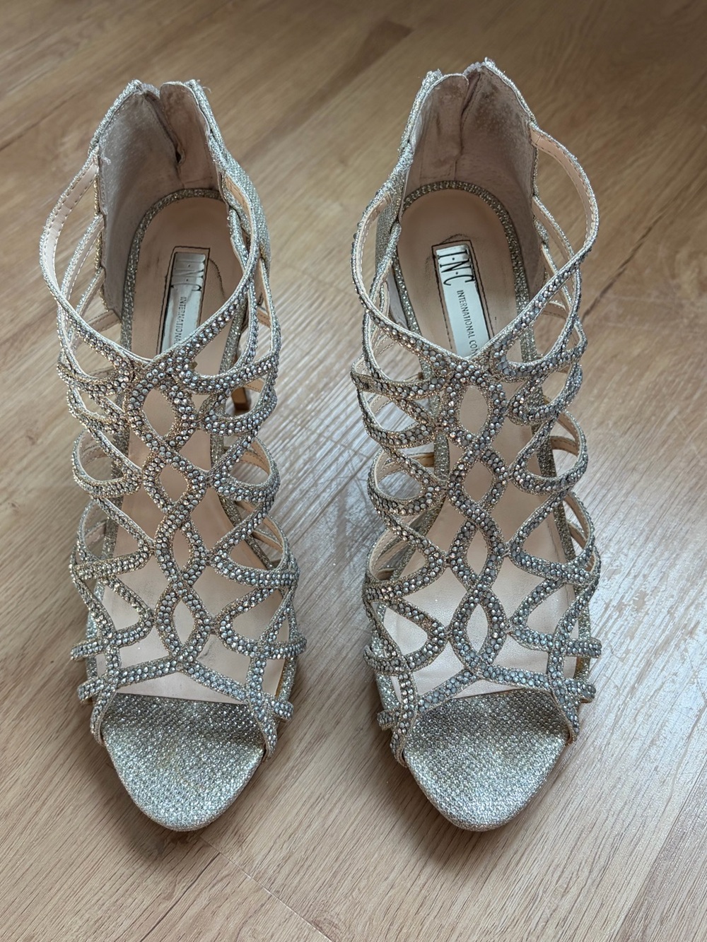 Embellished Open-Toe Heels in Sparkling pewter/silver - Women's Dress Sandals